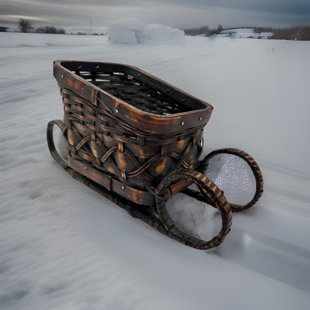Vintage Rustic Brown Wicker‎ Sleigh Christmas Holiday Decor Basket Sled